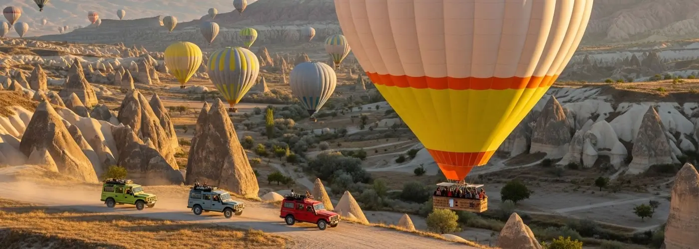 Cappadocia valleys explored by Jeep and hot air balloon at sunrise