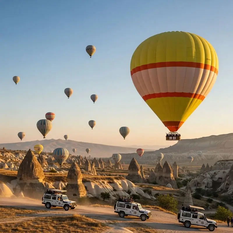 Cappadocia valleys explored by Jeep and hot air balloon at sunrise