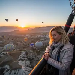 Blonde tourist watching hot air balloons over Cappadocia at sunrise