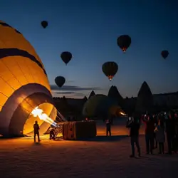 Partially inflated hot air balloon at dawn in Cappadocia with crew and tourists nearby