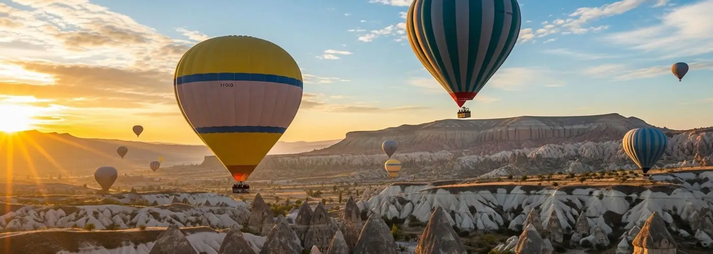 Hot air balloons soaring over Cappadocia’s valleys during a magical sunrise tour
