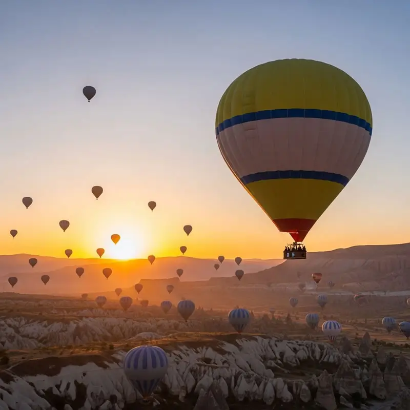 Hot air balloons soaring over Cappadocia’s valleys during a magical sunrise tour