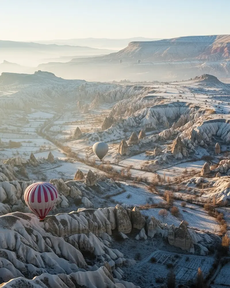 A calm January morning above Cappadocia with hot air balloons at sunrise