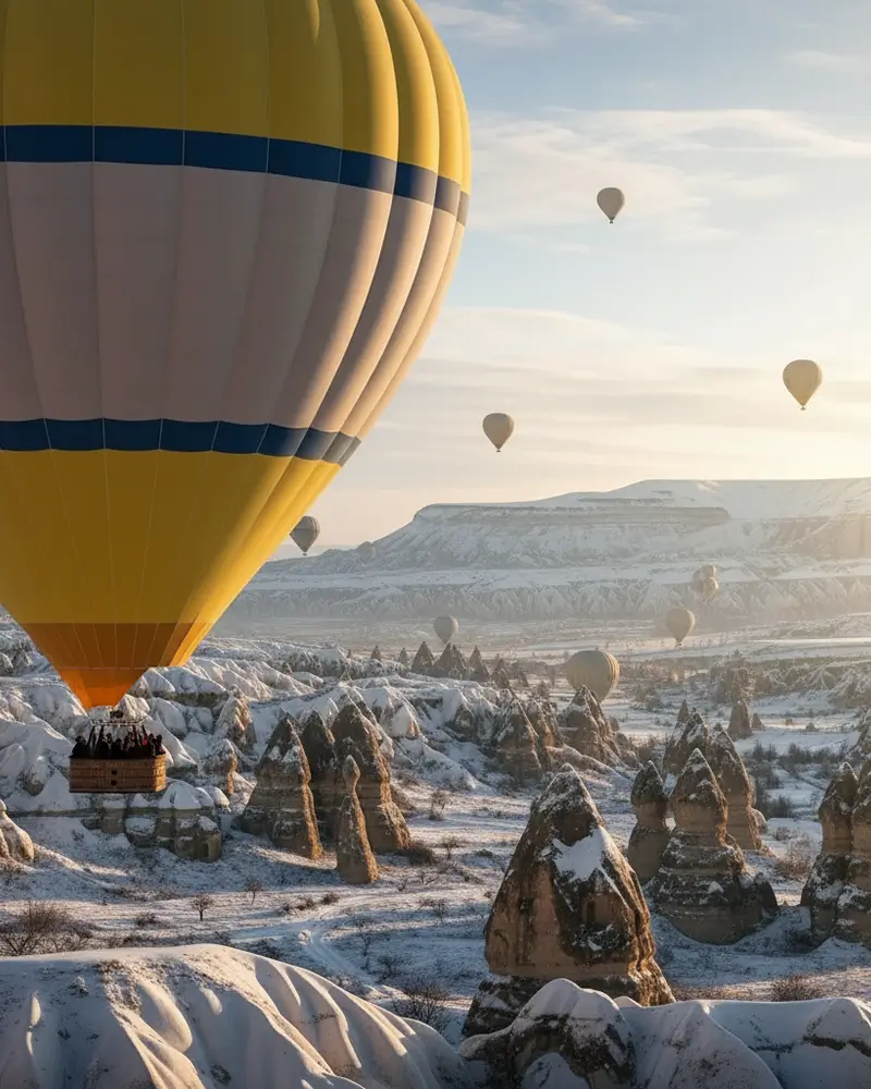 Close-up of a hot air balloon burner flaming over a basket with people in winter