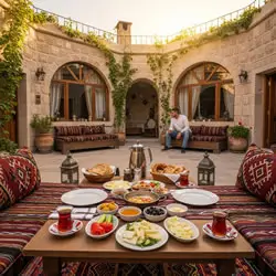 Traditional breakfast in a stone courtyard of a Cappadocia boutique hotel