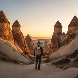 Traveler walking among Cappadocia's fairy chimneys at sunrise