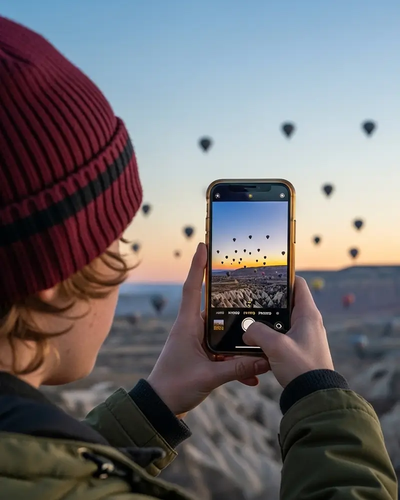 Captura de foto de globo aerostático al amanecer