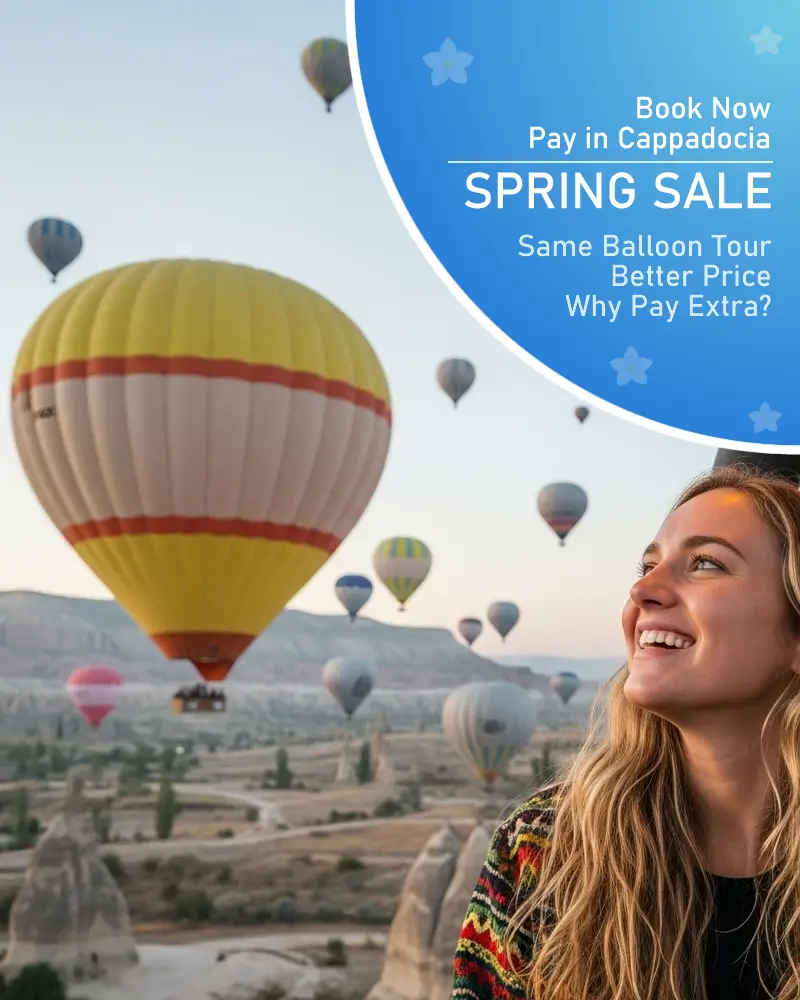 Hot air balloons over Cappadocia during spring sale promotion