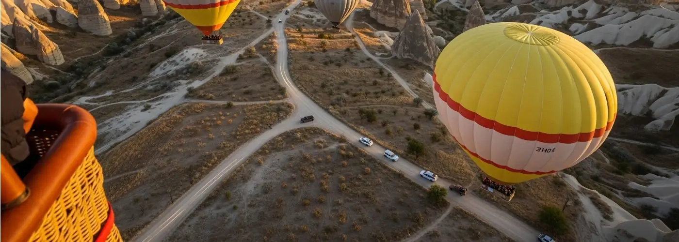 Sunrise view over Cappadocia valleys from a hot air balloon