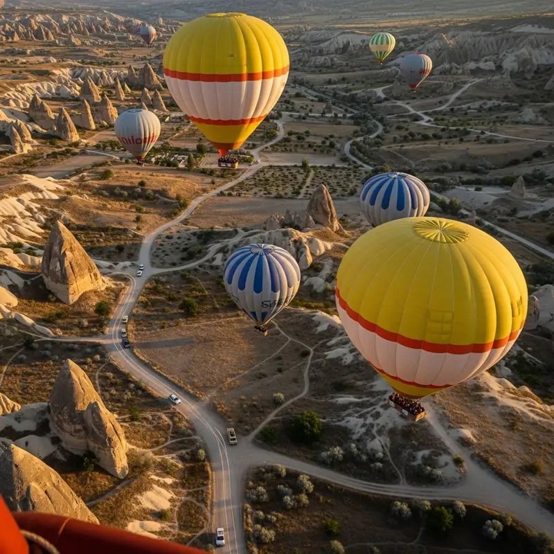 Sunrise view over Cappadocia valleys from a hot air balloon