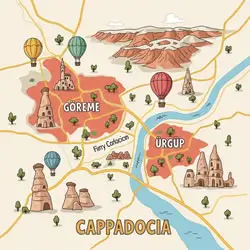 Illustrated map of Cappadocia showing Göreme and Ürgüp with fairy chimney and balloon icons