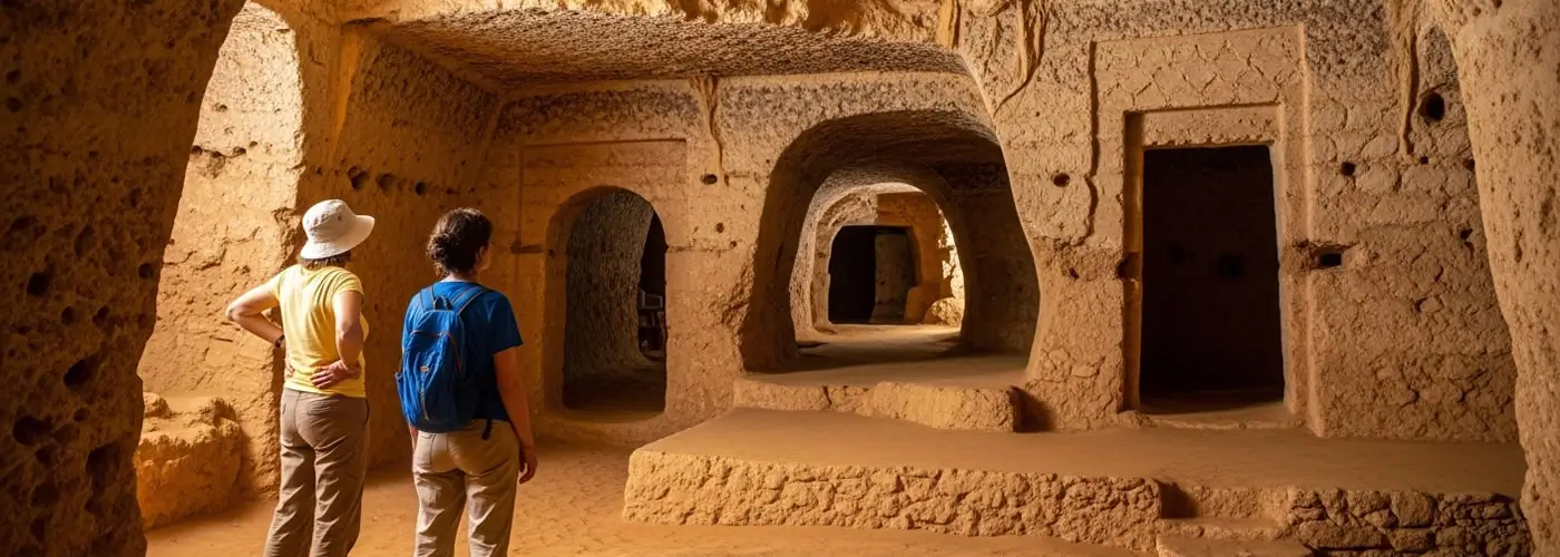 Underground city in Cappadocia, historic passageways in dim light