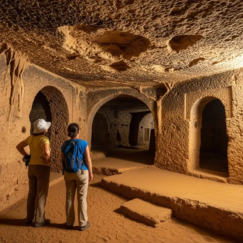 Underground city in Cappadocia, historic passageways in dim light