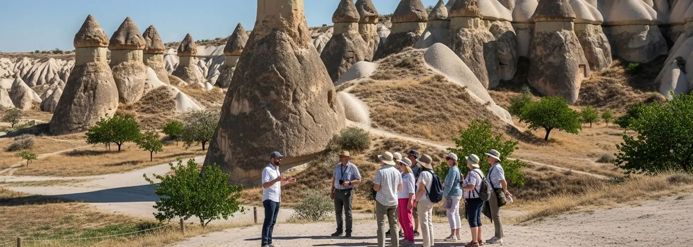 Tourists near fairy chimneys in Cappadocia Red Tour