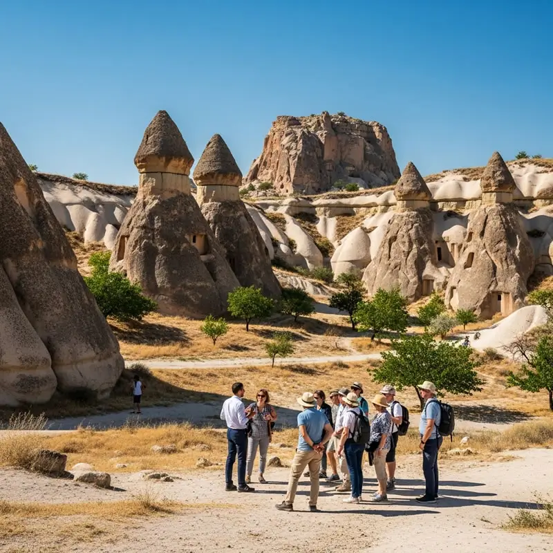Tourists near fairy chimneys in Cappadocia Red Tour