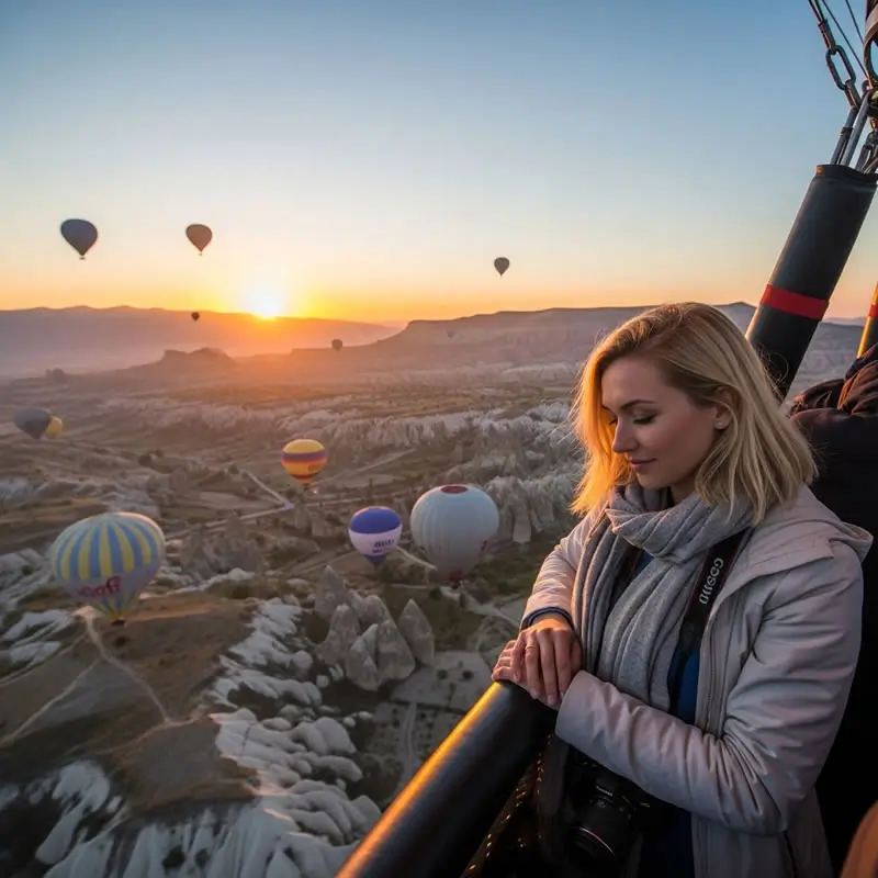 Vista panorámica desde dentro de la cesta del globo aerostático durante un vuelo al amanecer en Capadocia