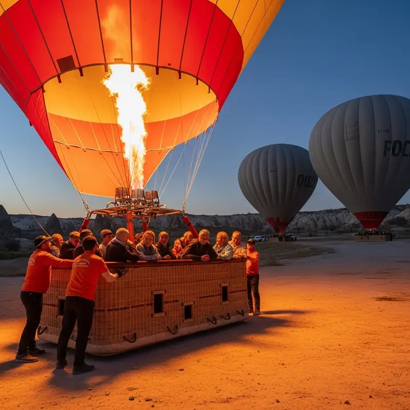 Piloto profesional y equipo de tierra inflando un globo aerostático durante la preparación de un tour en Capadocia