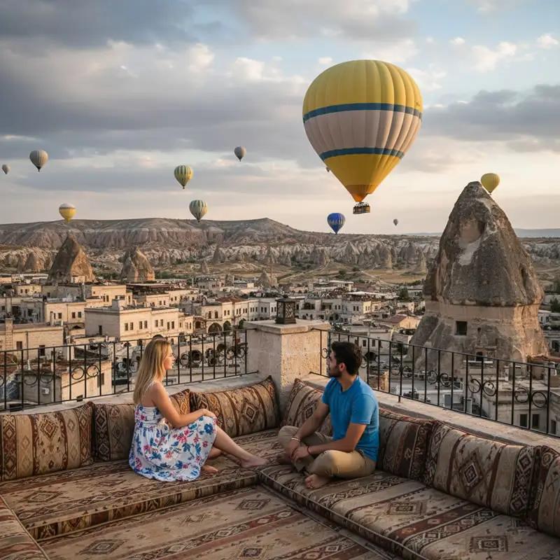 Pareja romántica viendo globos aerostáticos desde la azotea de un hotel en Capadocia