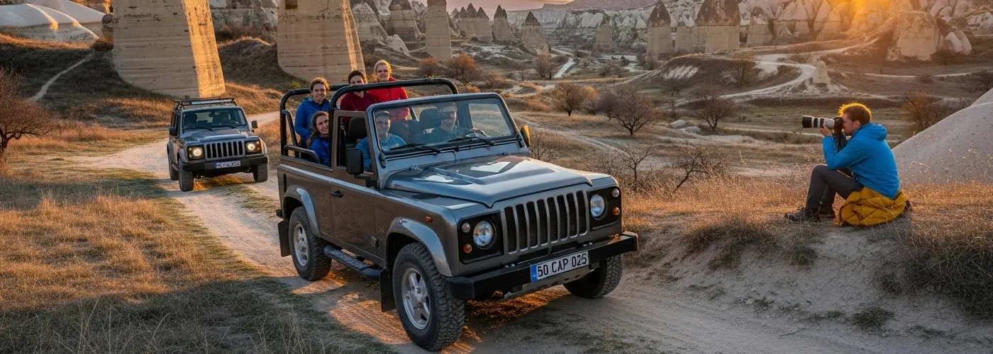 Sunset Jeep tour in dramatic rock valley with five passengers and a photographer