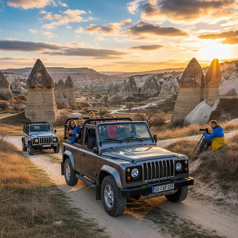 Sunset Jeep tour in dramatic rock valley with five passengers and a photographer