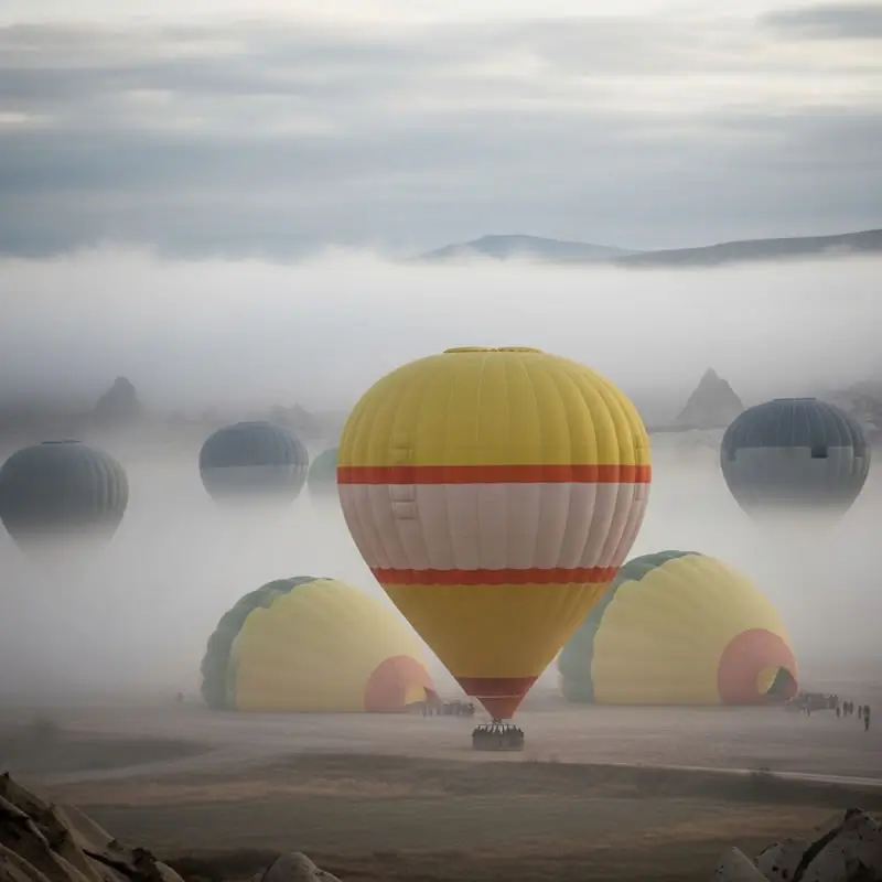 Hot air balloons waiting to launch on a foggy autumn morning in Cappadocia