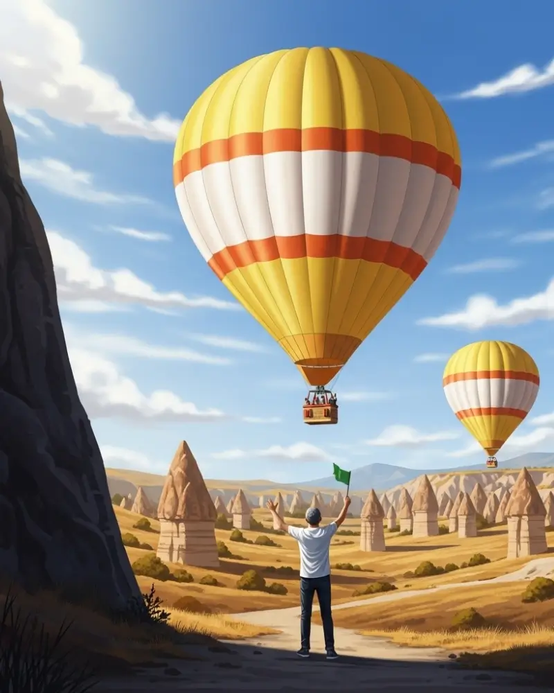 Hot air balloons taking off on a spring morning in Cappadocia