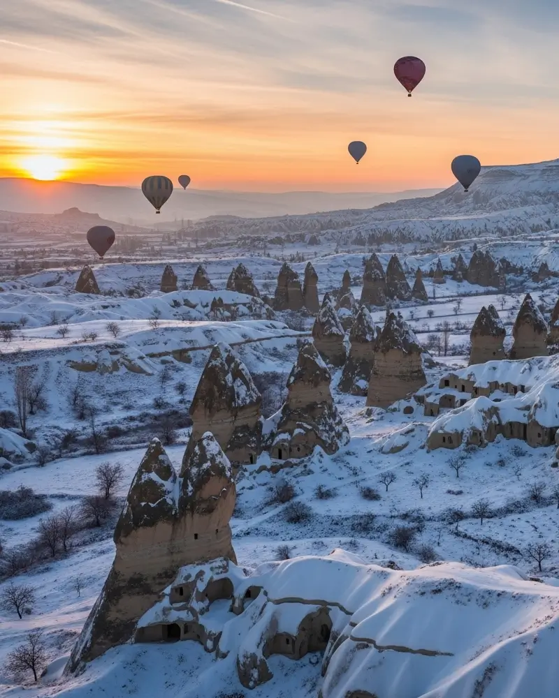Globos aerostáticos esperando despegar en una mañana otoñal con niebla en Capadocia